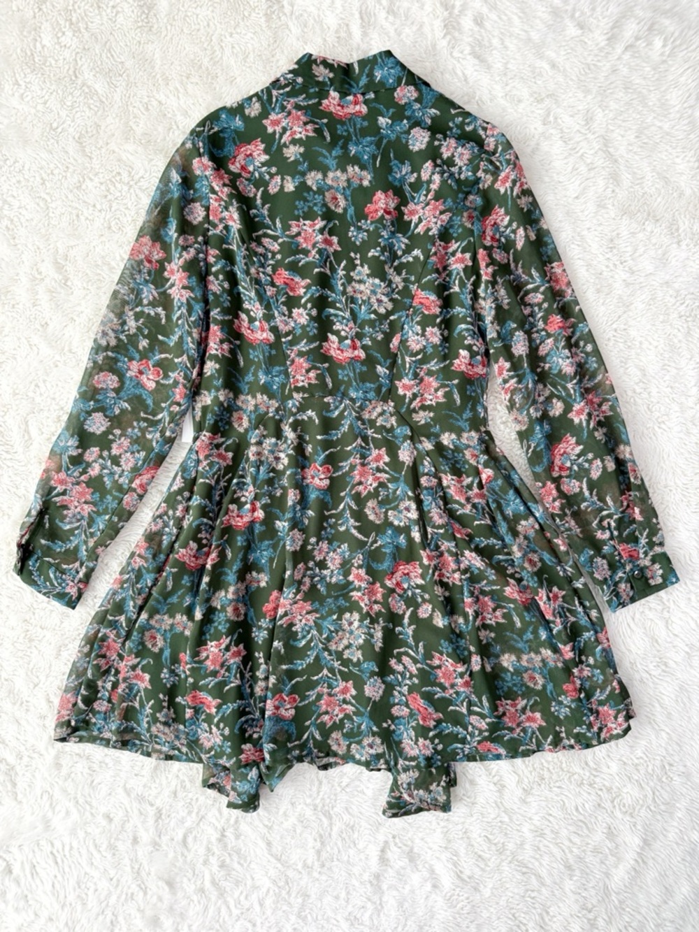 NWT Design Lab Woman Forest Green Floral Chiffon Ruffle Button Front Dress SMALL - Picture 3 of 8